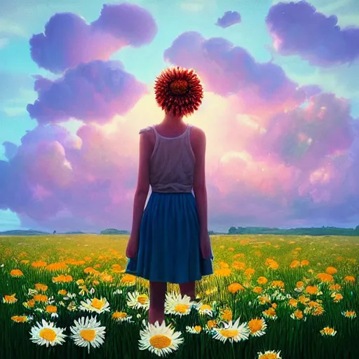 Image similar to head made of giant daisies, girl standing barefoot in a vast flower field, surreal photography, sunrise dramatic light, impressionist painting, colorful clouds, large sky, digital painting, artstation, simon stalenhag, flower face