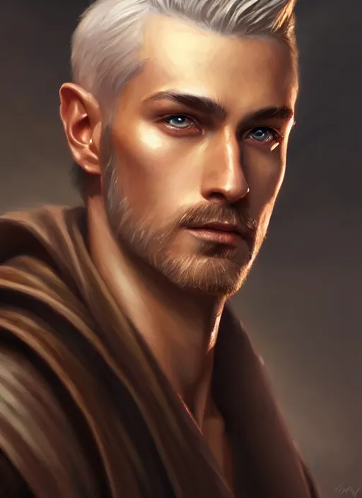 Prompt: a _ fantasy _ style _ portrait _ painting _ of wizard male, medium dark blonde pulled back side part and blonde stubble, brown eyes, rpg dnd oil _ painting _ unreal _ 5 _ daz. _ rpg _ portrait _ extremely _ detailed _ artgerm _ greg _ rutkowski _ greg