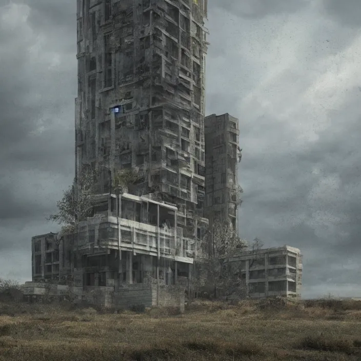 Image similar to a building in a serene landscape, apocalyptic fiction