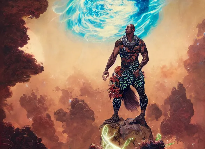 Image similar to the rock as a hawaiian warrior surrounded by intergalactic planets connected by streams of magical flow, sigma male, gigachad, visually stunning, luxurious, by james jean, jakub rebelka, tran nguyen, peter mohrbacher, yoann lossel, wadim kashin