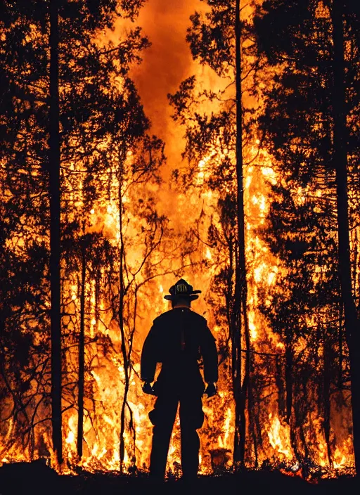 Image similar to a 3 5 mm photo from the back of a firefighter standing in front of a burning forest, bokeh, canon 5 0 mm, cinematic lighting, film, photography, depth of field, award - winning, bokeh