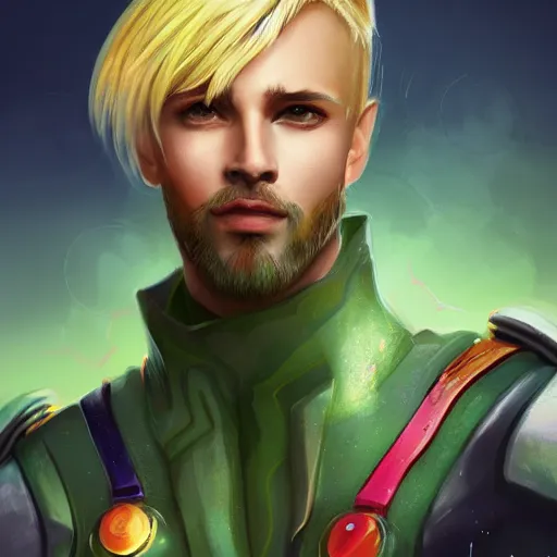 Prompt: artstation fantasy portrait, artist of Utopia, a human male, a dashing space hero with blond hair, wearing a green shirt