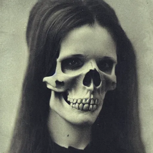 Image similar to a photo of young woman with horse face, gothic style, skulls are lying underneath