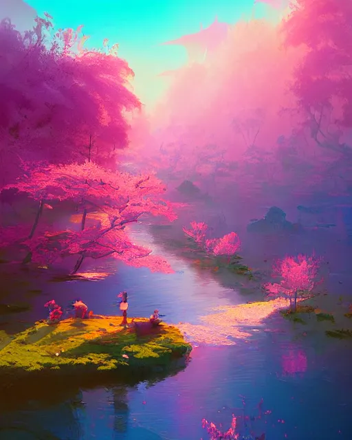 Prompt: river landscape | cherry - blossoms | highly detailed | very intricate | fantasy whimsical magical | soft bright natural morning light | pixar | award - winning | matte painting by anton fadeev and paul lehr and rhads and alena aenami | pastel color palette | featured on artstation