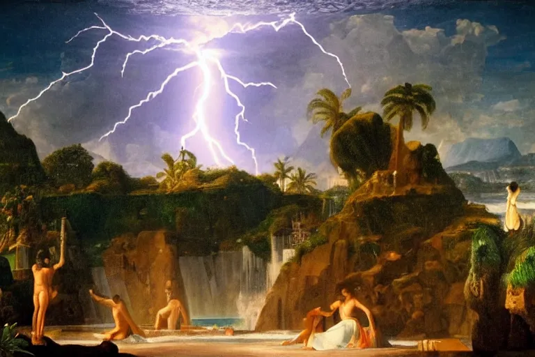 Image similar to Palace of the chalice, refracted sparkles, thunderstorm, greek pool, beach and Tropical vegetation on the background major arcana sky and occult symbols, by paul delaroche, hyperrealistic 4k uhd, award-winning, very detailed paradise