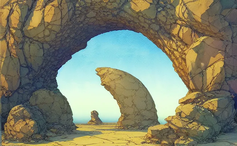 Image similar to a hyperrealist watercolour concept art of a dimensional time portal in the shape of a large rock arch. by rebecca guay, michael kaluta, charles vess and jean moebius giraud. high detail, hq, wide shot