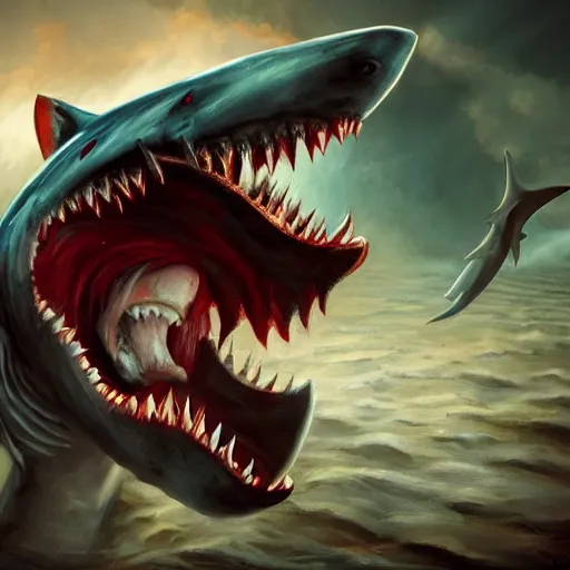 Prompt: vampire with shark teeth, background beach, gothic, warhammer, colorful, highly detailed, artstation