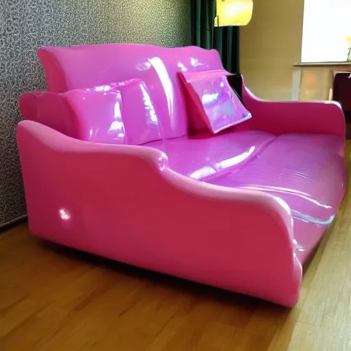 Image similar to sofa made out of candy, glossy, realistic, detailed,