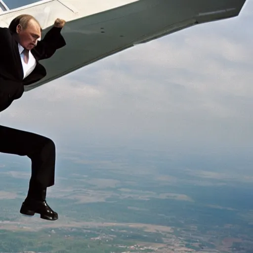 Prompt: vladimir putin jumping out of an airplane, epic movie still, professional photography