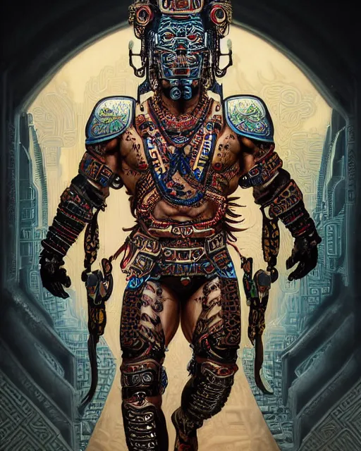 Image similar to portrait of a mayan masculine male cyberpunk jaguar warrior, machine face, upper half portrait, decorated with chinese opera motifs, muscular, asian, fine china, wuxia, traditional chinese art, intricate intense elegant, highly detailed symmetry headpiece digital painting artstation concept art smooth sharp focus illustration, art by artgerm and greg rutkowski alphonse mucha 8 k