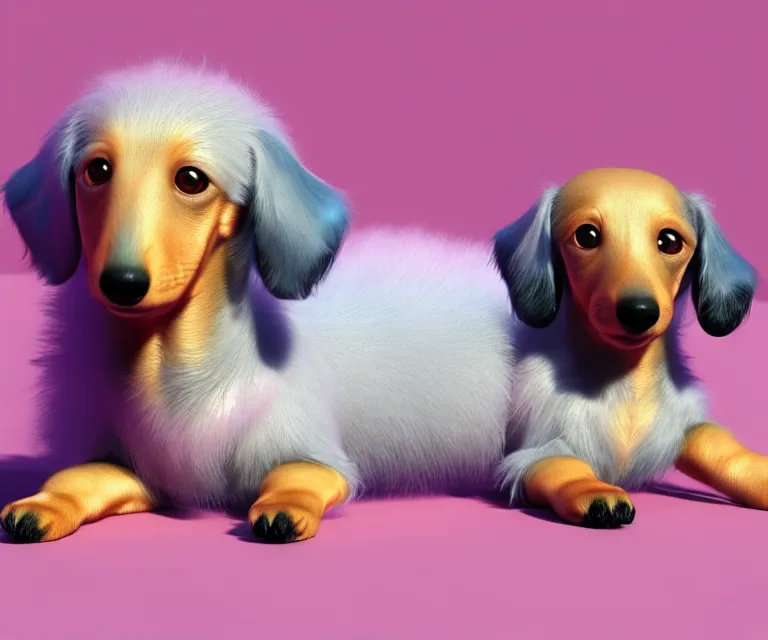 Image similar to high quality 3 d render hyperrealist very cute multipastel very fluffy dachshund, vray, smooth in the background, artstation, ultra detailed, octane render