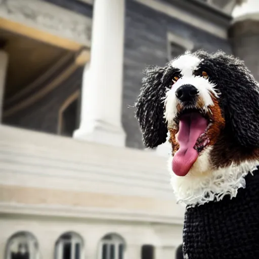 Image similar to a closeup photorealistic photograph of a smiling knitted bernedoodle judge dog dressed in a black gown, presiding over the courthouse. indoors, professional capture, well lit shot. this 4 k hd image is trending on artstation, featured on behance, well - rendered, extra crisp, features intricate detail, epic composition and the style of unreal engine.