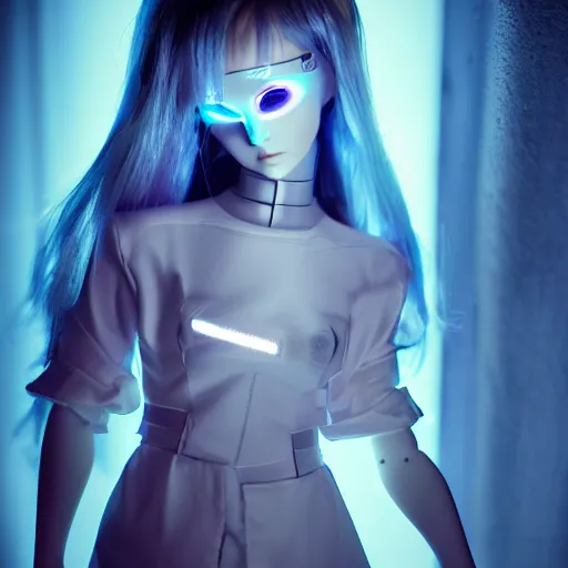 Image similar to blue cyber porcelain doll with led eyes. standing in middle of dark hallway. volumetric light on back. broken neon lighting. cyberpunk. high details, photorealistic, artstation trending. dark mood. h r ginger.