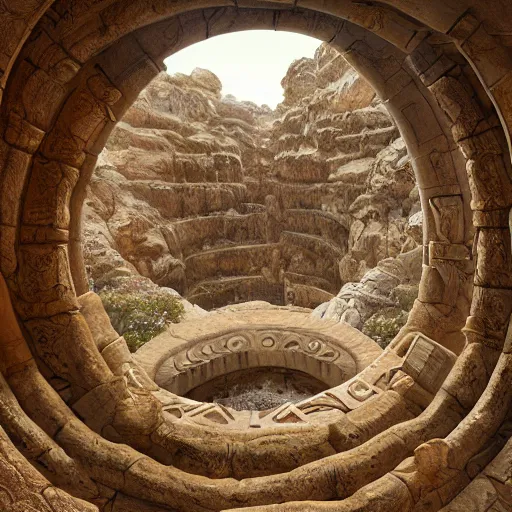 Prompt: photograph of a gigantic paleolothic torus made of stone with highly detailed carvings of intricate shamanic robotic electronics and circuitry, in a mediterranean lanscape, inside a valley overlooking the sea, in the style of andreas rocha