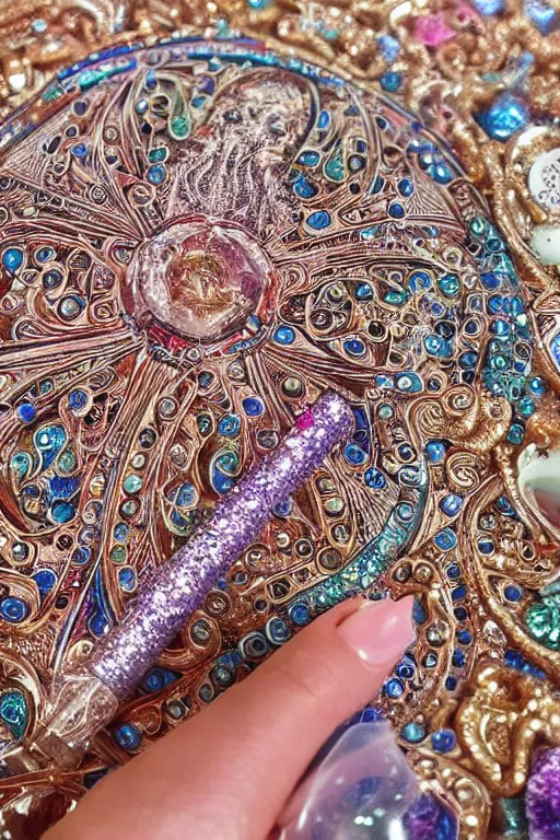 Prompt: zen mage, dry - erase marker, whiteboard, bejeweled, glitter, sparkly, 3 - dimensional, 3 d, rose - gold, in a symbolic and meaningful style, insanely detailed and intricate, hypermaximalist, elegant, ornate, hyper realistic, super detailed