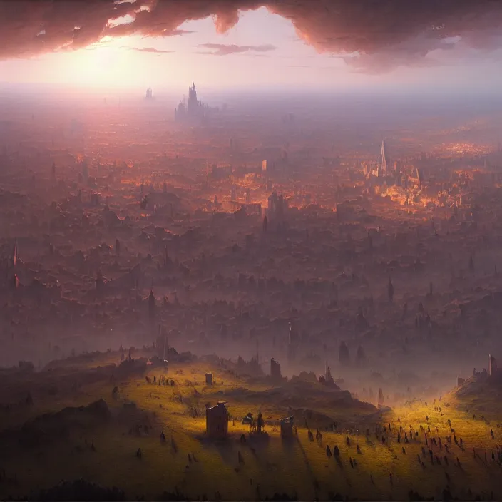 Image similar to matte painting by marc simonetti, jonathan solter, greg rutkowski of an open field, masterpiece, cinematic, hyperdetailed, photorealistic, hyperrealism, architecture, aerial view,