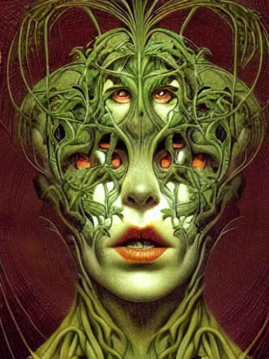 Image similar to The Hanging-Gardens of Pareidolia, ivy, verbena and pothos growing facial features and optical-illusions!!!!!, aesthetic, by Gerald Brom in the style of Johfra Bosschart in the style of,