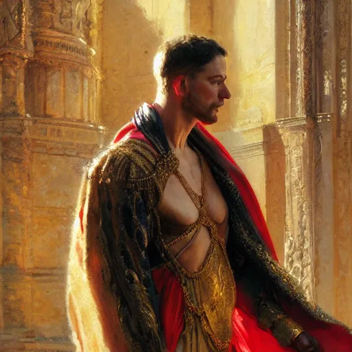 Prompt: detailed realistic cinematic wide shot of beautiful attractive muscular roman empreror gold chain wearing royal red clothes slim face symettrical face clean skin black eyes black robe smooth, sharp focus, ultra realistic, spring light, painting by gaston bussiere, craig mullins, j. c. leyendecker