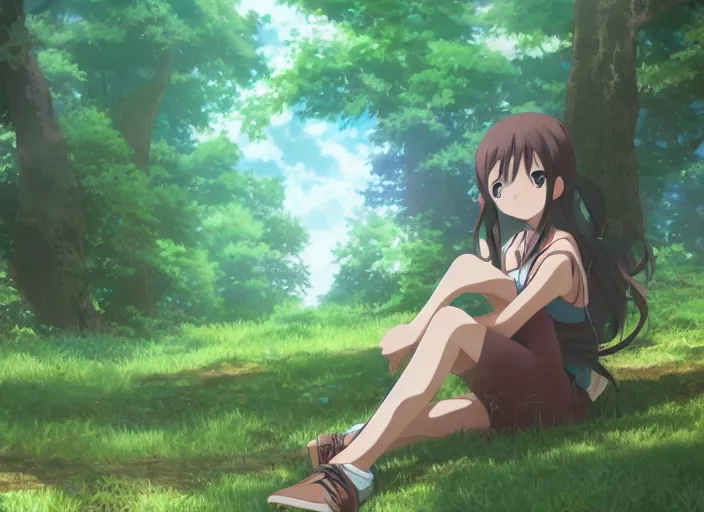 Prompt: surprised anime girl sitting in a forest, by makoto shinkai, anime, highly detailed, digital art