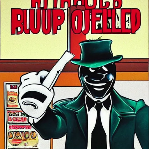 Prompt: hamburglar robbing a bank, pulp fiction cover, detailed