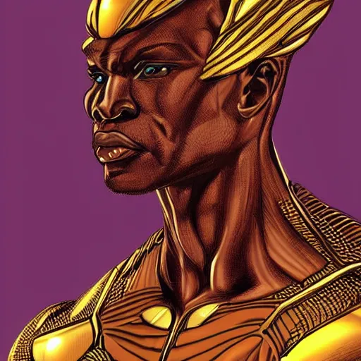 Image similar to A tall and muscular African man with a golden angel wearing nanosuit from Crysis the game. illustration concept art in the style of Arthur Adams