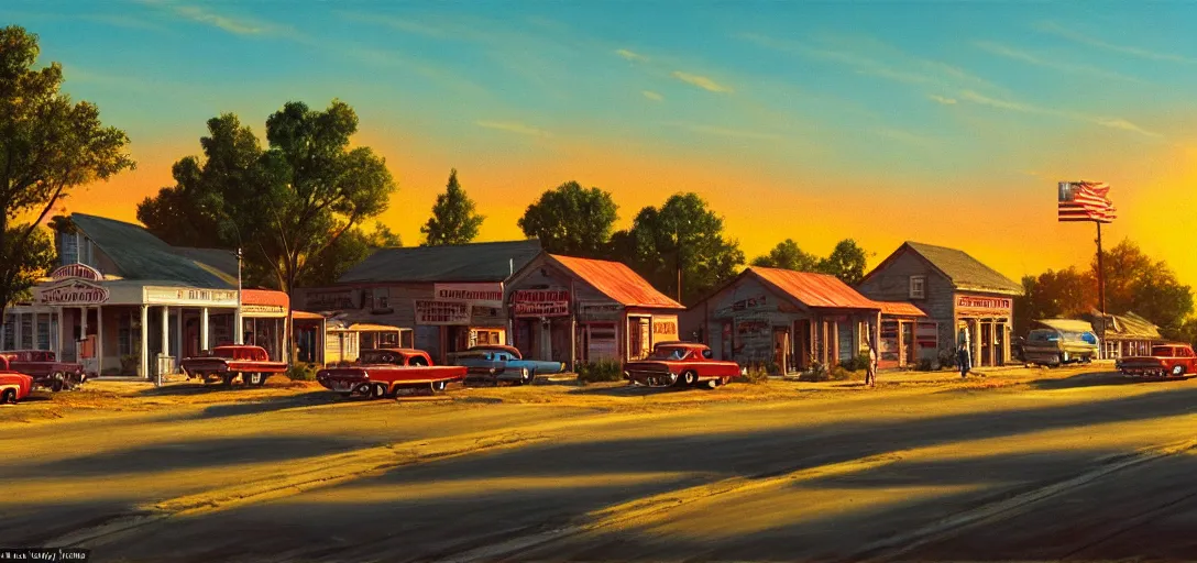 Image similar to concept art of a small rural town in middle America in the 1960s, detailed, Americana, golden hour