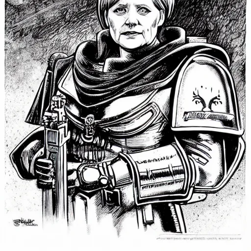 Image similar to a beautifully detailed warhammer 4 0 k portrait of angela merkel as inquisitor. pen and ink by moebius.