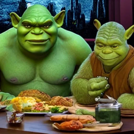 Prompt: shrek, hulk and yoda eat dinner together