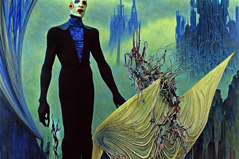 Prompt: realistic extremely detailed portrait painting of an elegantly creepy vampire man in a cape, futuristic sci-fi fortress on background by Jean Delville, Amano, Yves Tanguy, Alphonse Mucha, Ernst Haeckel, Edward Robert Hughes, Roger Dean, rich moody colours, blue eyes