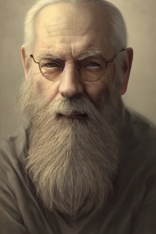 Image similar to a stunning ultra realistic fine art painting of a content old man with a long gray beard, peaceful and graceful, by tom bagshaw, studio portrait, muted colors, melancholic, catchlight in the eyes, 4K