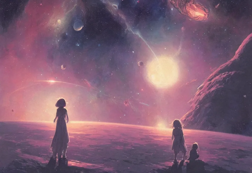 Image similar to illustrated by moebius and greg rutkowski, romantic!!! space scene!! with standing young girl!!!!, orbit of earth!, futuristic orbital station!!!!, nebulae!!, starry sky!!, rule of third!!!!, vintage cover of sci - fi magazine, cinematic!!