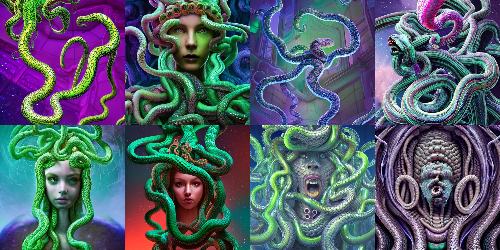 Image similar to beautiful medusa gorgon highly detailed snakes, cosmic horror, abstract, ghostly, arcade, duotone, poltergeist, epic lighting, intricate, elegant, highly detailed, smooth, sharp focus, photo real, ultra realistic, unreal engine 5, raytracing, in the style of beeple and mike winkelmann, ultraviolet colors,