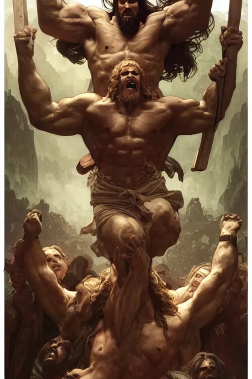 Image similar to hulking herculean ogre jesus christ, on the cross, masterpiece, intricate, elegant, highly detailed, digital painting, artstation, concept art, smooth, sharp focus, illustration, art by artgerm and greg rutkowski and alphonse mucha and uang guangjian and gil elvgren and sachin teng, symmetry!!