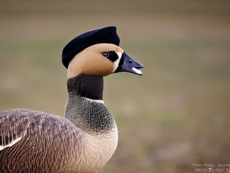 Prompt: Canadian Goose with a funny hat, Portrait Photo, Photorealistic, 100mm lens, out of focus