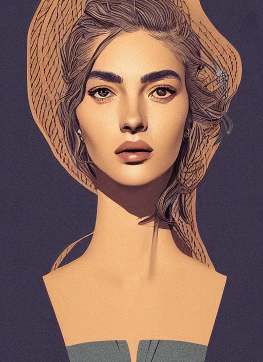 Image similar to a detailed portrait illustration of a modern female by stavros damos, aesthetically pleasing and harmonious natural and vintage colors. highly detailed.