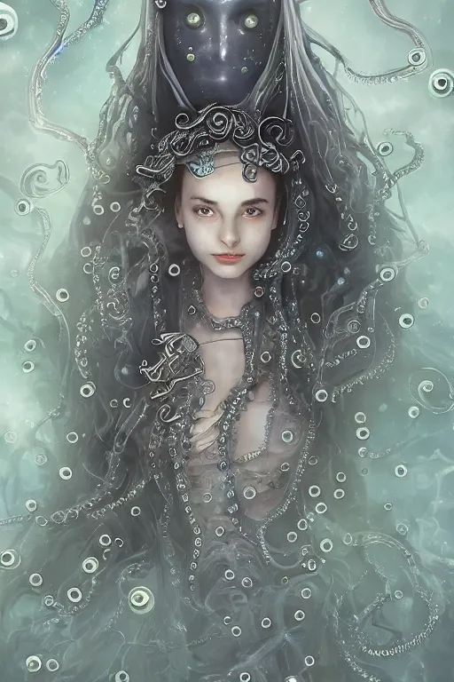 Prompt: young angelina golie portman as an octopus witch dressed in intricate silver clothing surrounded by underwater particles above sharks and sea creatures, fantasy, wlop, trending on artstation, deviantart, anime key visual, official media, professional art, 8 k uhd