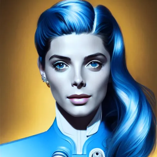 Image similar to Ashley Greene's face combined with Grace Kelly's face with blue hair as a retro-futuristic astronaut, western, D&D, fantasy, intricate, elegant, highly detailed, digital painting, artstation, concept art, matte, sharp focus, illustration, art by Artgerm and Greg Rutkowski and Alphonse Mucha