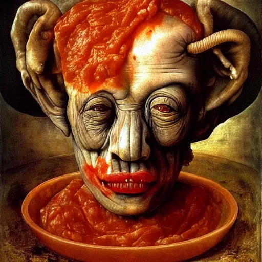 Image similar to a boy like eraserhead and elephant man sitting in a tub full of tomato sauce, looking straight into camera, screaming in pain, by giuseppe arcimboldo and ambrosius benson, renaissance, fruit, intricate and intense oil paint, a touch of beksinski and hr giger, realistic