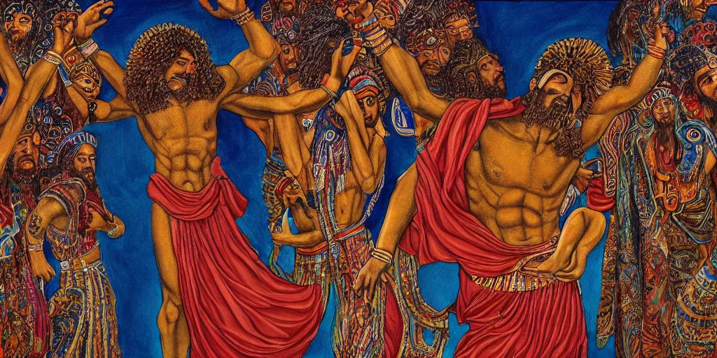 Image similar to an abstract spiritual background, a latino greek god dancing, clear eyes. 2 4 mm, photorealistic, muted color scheme, directed by mati klarwein