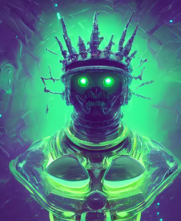 Image similar to a detailed character concept of a menacing armoured alien with glowing green eyes and a crown of jade and topaz crystals by Beeple, 4k resolution, photorealistic