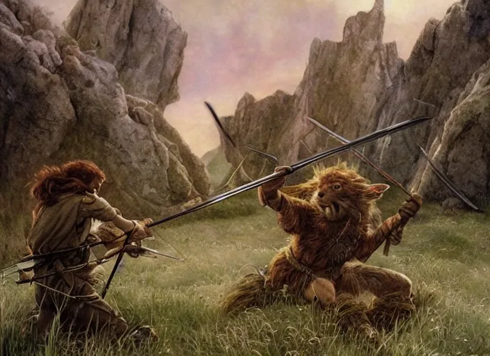 Prompt: fox - faced ranger shooting a longbow at goblins in a lord of the rings landscape, grasslands, twilight, stone ruins, highly detailed, perfect lighting, muted colors. perfect composition, 4 k, by rutkowski, brian froud, larry macdougall, jean - baptiste monge, arthur rackham, artgerm