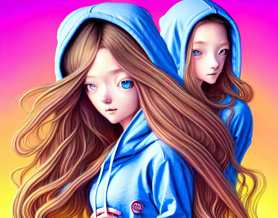 Image similar to richly detailed colored pencil 3D illustration of a singular beautiful woman with long metallic hair wearing a hoodie and short shorts, she staring at the camera happily. mirrored background with completely rendered reflections, art by Range Murata and Artgerm.