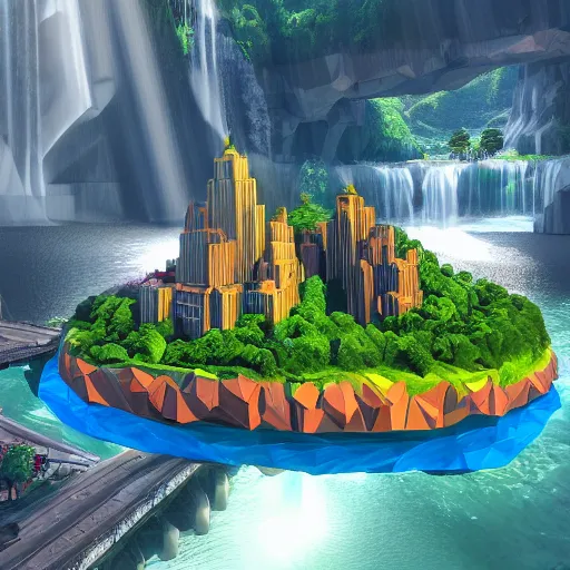 Image similar to low poly art of new york on a round floating island in the sky, surrounded by waterfalls, isometric art, 3d render, ray tracing, high detail, artstation, concept art, behance, smooth, sharp focus, ethereal lighting, unreal engine 5