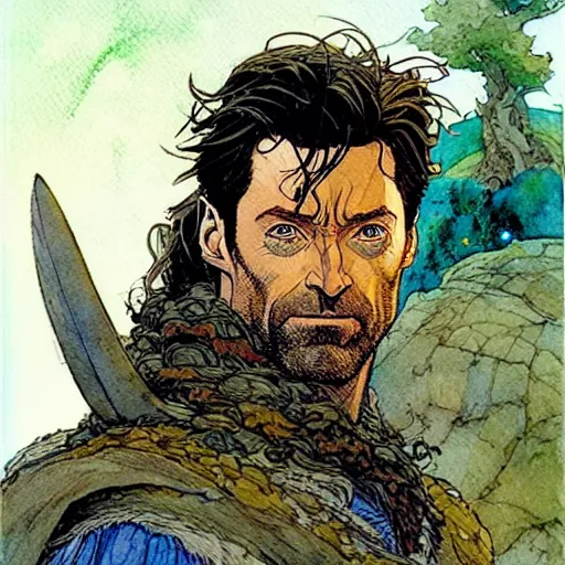 Prompt: a realistic and atmospheric watercolour fantasy character concept art portrait of hugh jackman as a druidic warrior wizard looking at the camera with an intelligent gaze by rebecca guay, michael kaluta, charles vess and jean moebius giraud