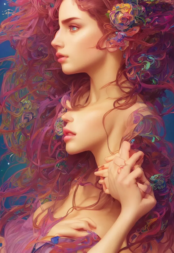 Image similar to beautiful, young woman, detailed gorgeous face, vaporwave aesthetic, synthwave, colorful, psychedelic, artstation, concept art, smooth, extremely sharp detail, finely tuned detail, ultra high definition, 8 k, unreal engine 5, ultra sharp focus, illustration, art by artgerm, greg rutkowski and alphonse mucha