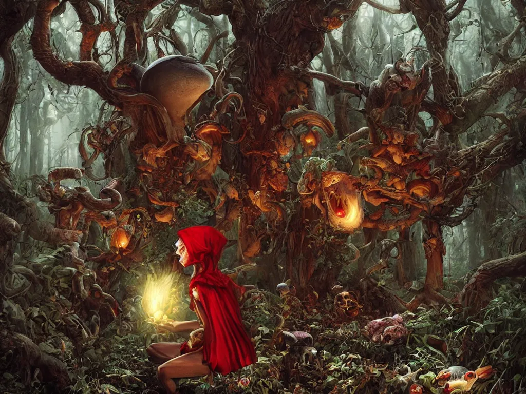 Prompt: Drunk mad mushroom-werewolf engaged in the social adaptation of little red riding hood. Photorealistic, lifelike, Unreal Engine, sharp, detailed, 8K, by Gerald Brom, Dan Mumford, Stephan Martiniere