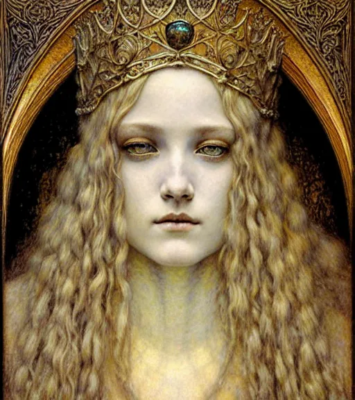 Image similar to detailed realistic beautiful young medieval queen face portrait by jean delville, gustave dore and marco mazzoni, art nouveau, symbolist, visionary, gothic, pre - raphaelite. horizontal symmetry