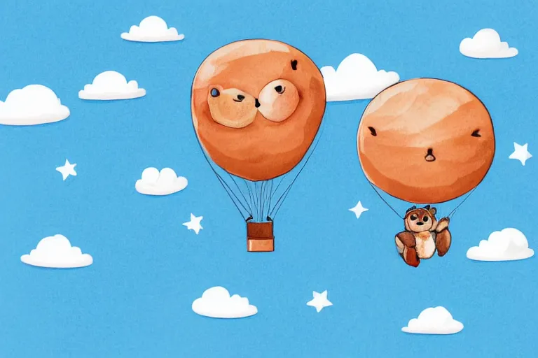 Prompt: a small teddy bear is flying on a huge blue hot air balloon, several clouds on light blue background, cartoon illustration, invitation card, handwriting title on the left, highly detailed, flat water color texture, graphic design contest winner, poster template on Canva