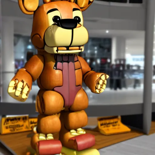 Image similar to Freddy Fazbear in a mall holding multiple bags, photorealistic, low-angle, 3D, 8K, as coherent as Dall-E 2