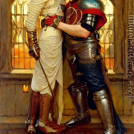 Image similar to attractive fully clothed arthur pendragon confesses his love for his attractive fully clothed male knight. highly detailed painting by gaston bussiere and j. c. leyendecker 8 k